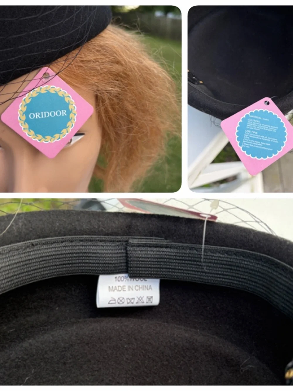 NWT ORIDOOR black retro felted wool cap with bow & veil net hair clips one size
